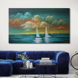 Handmade Oil Painting of Sail Boats on Stretched Canvas