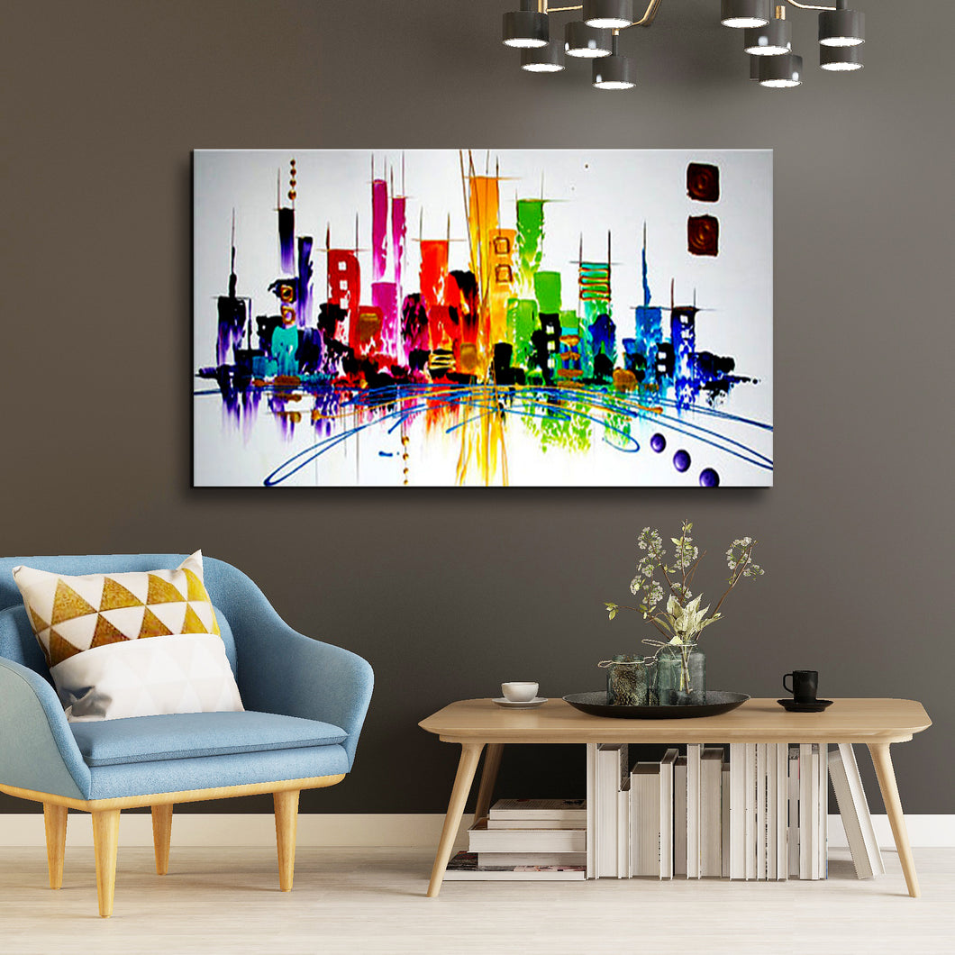 Huge Handmade Oil Painting on Stretched Canvas of Abstract Buildings