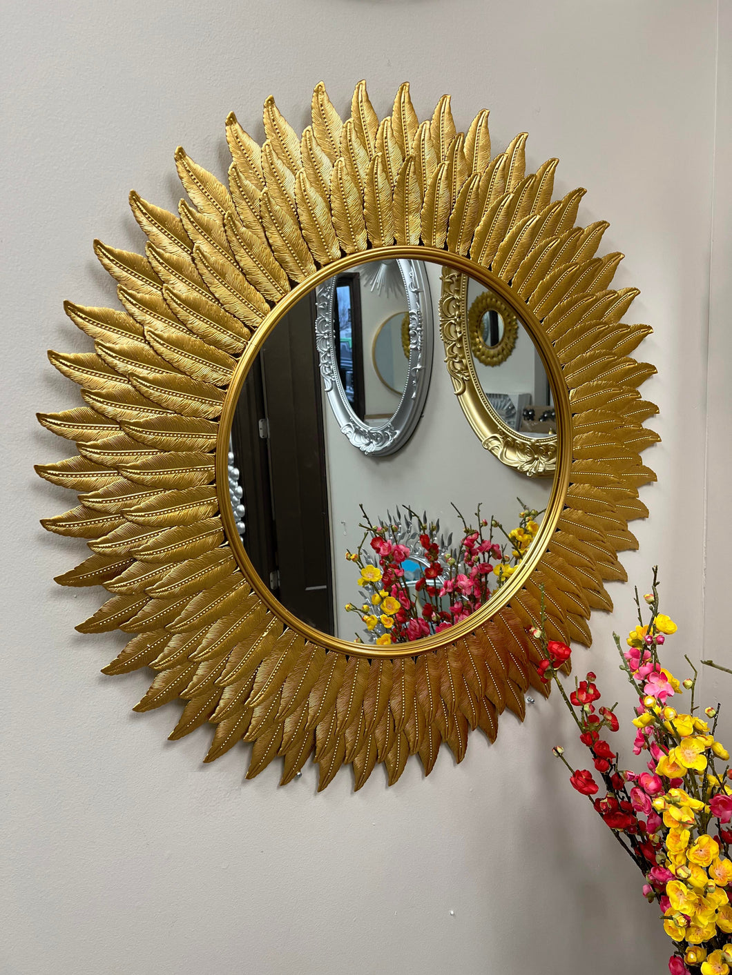 Large Handcrafted Modern Decorated Round Wall Mirror in Gold