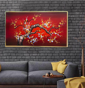 Handmade Oil Painting of Blossom Tree in Red on Stretched Canvas with Extra Golden Floating Frame