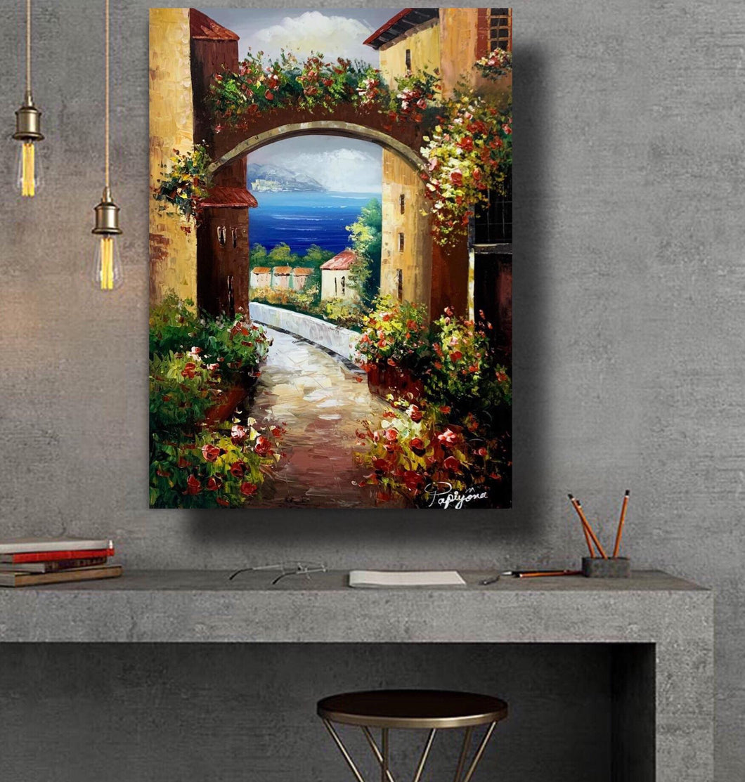 Unique Handmade Oil Painting of Mediterranean View on Stretched Canvas