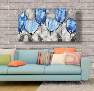 Handmade Oil Painting on Stretched Canvas of Tulip Flowers in Blue