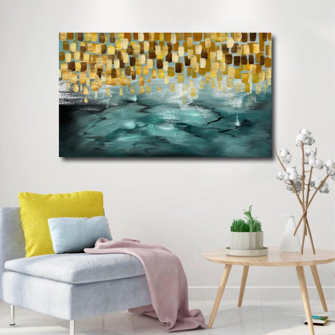 Abstract Handmade Oil Painting on Stretched Canvas in Teal & Yellow Shades