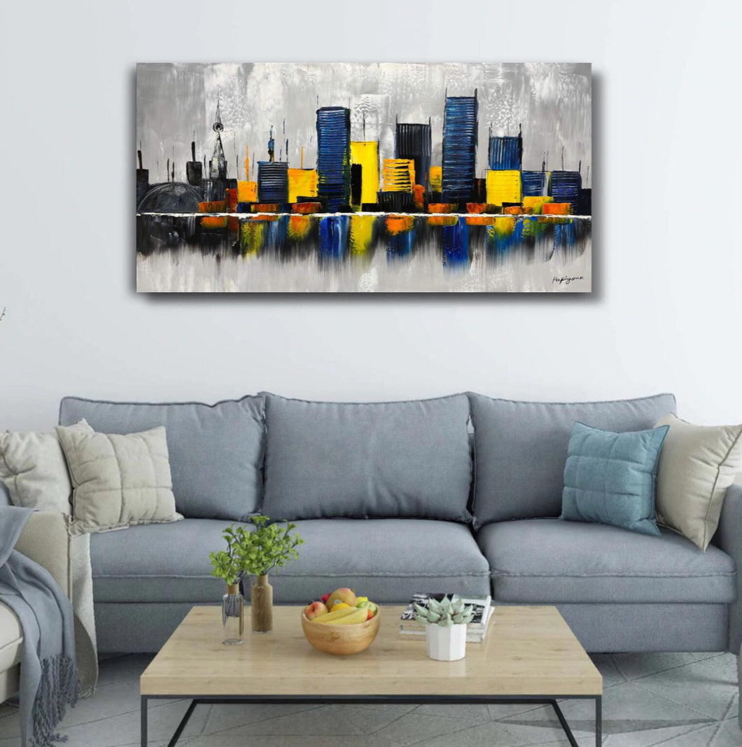 Handmade Oil Painting of an Abstract City View on Stretched Canvas