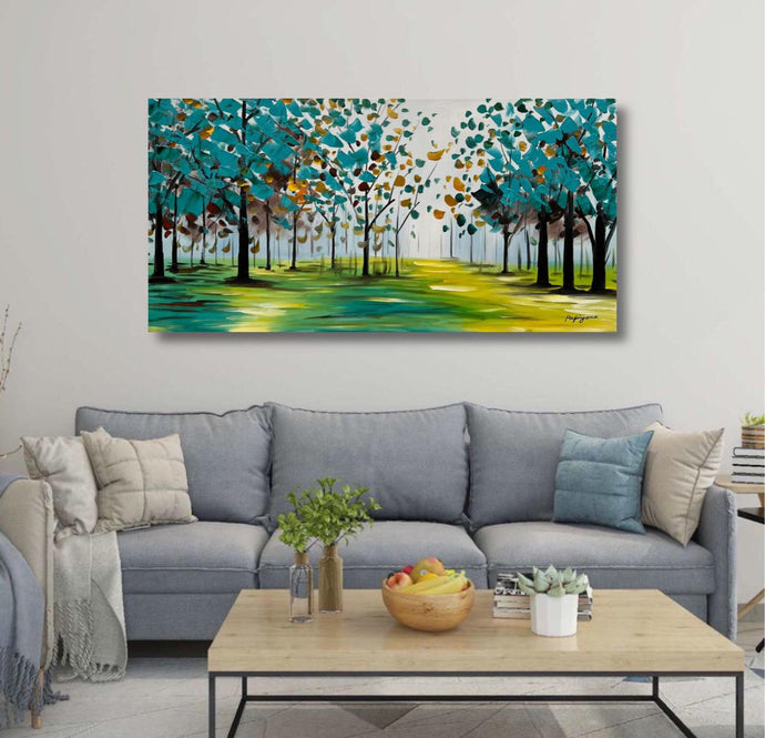 Handmade Oil Painting of Landscape View on Stretched Canvas in Teal Shades