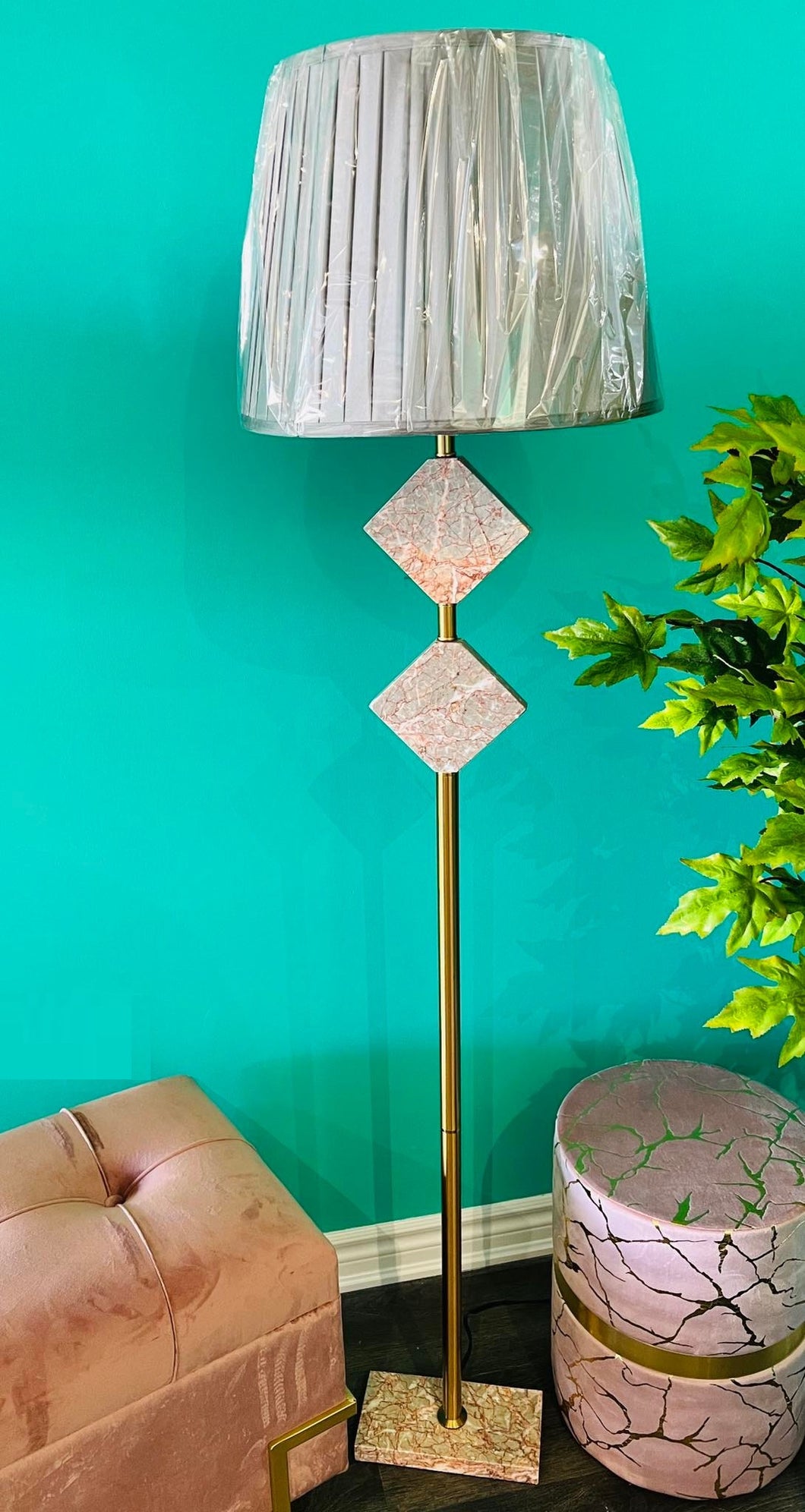 Floor Lamp Unique Anna Rose/Grey Marble & Golden Metal with Grey Lampshade