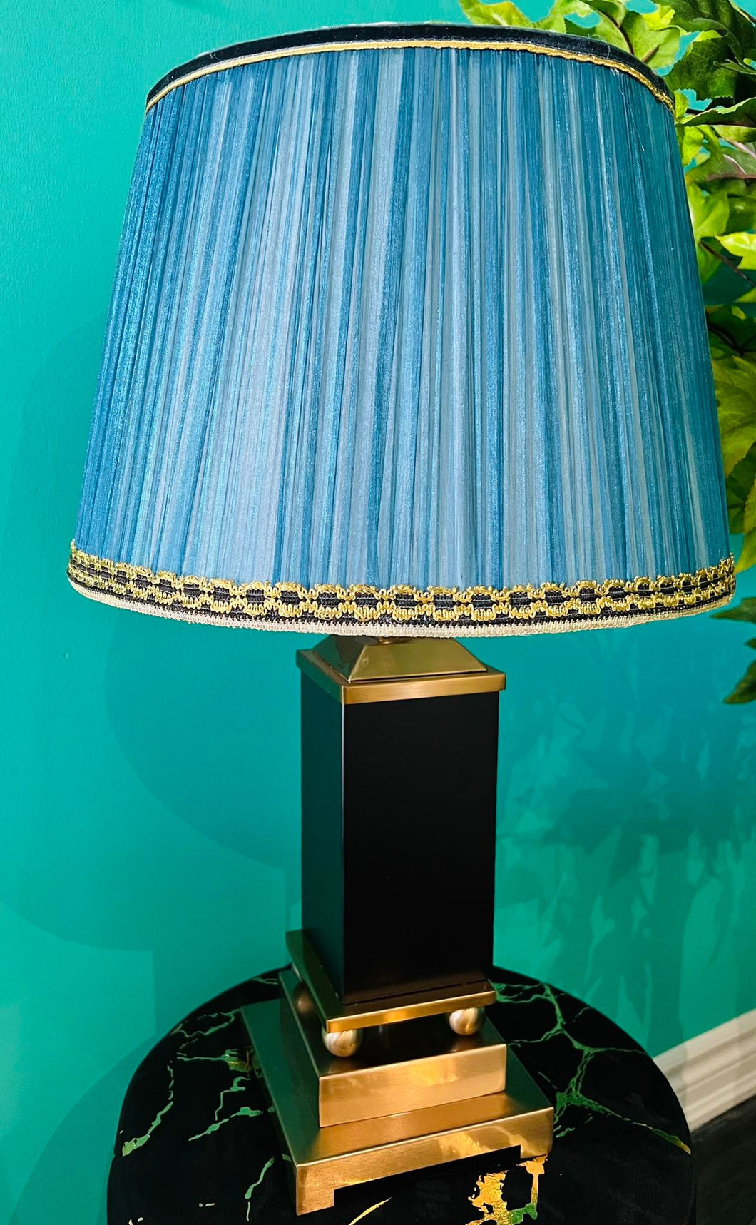 Table Lamp Gold & Black Gorgeous Metal Base with Blueish Teal Lampshade