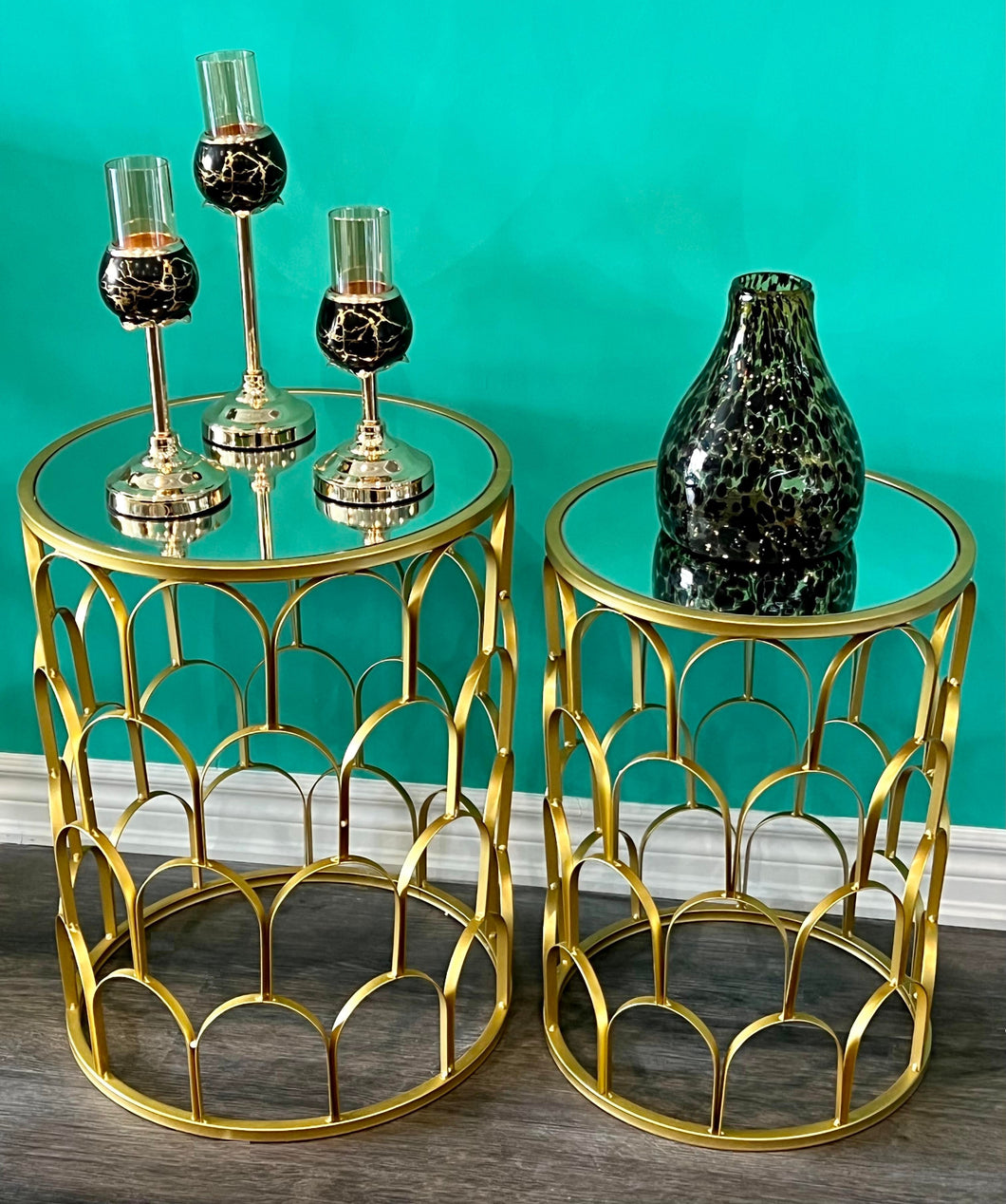 Side Table Gold Mirror Top Decorated