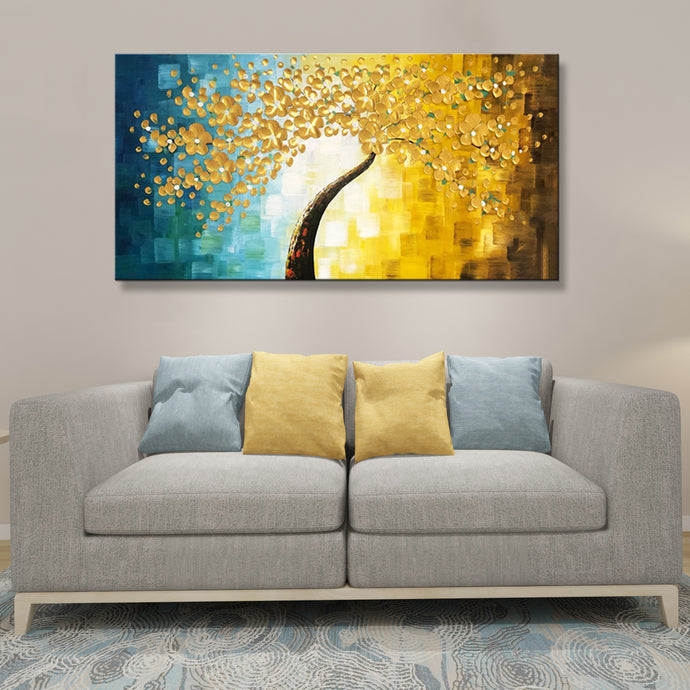 Handmade Oil Painting of Golden Flower with Mixed Teal & Gold Color Background Landscape View on Canvas
