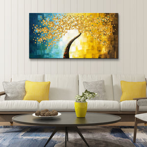 Handmade Oil Painting of Golden Flower with Mixed Teal & Gold Color Background Landscape View on Canvas