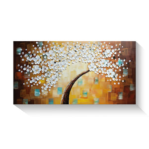 Handmade Oil Painting of White Flower with Brown Background on Canvas