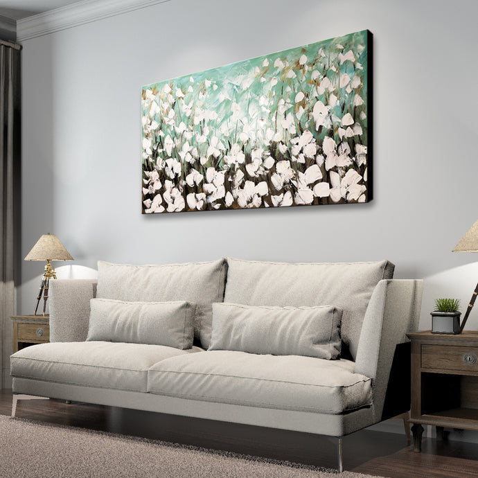 Handmade Oil Painting of White Flower with Bright & Light Teal Background on Stretched Canvas