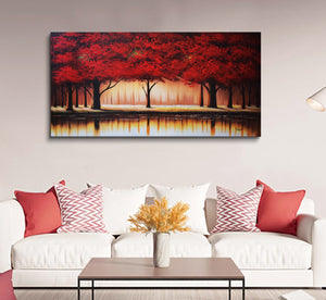 Handmade Oil Painting of Red Trees on Stretched Canvas