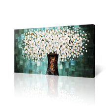 Handmade Oil Painting of White Flower Tree with Teal Background on Stretched Canvas