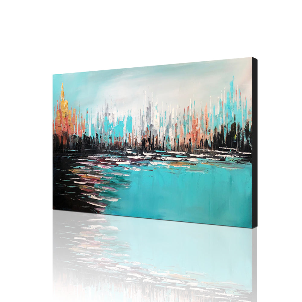 Abstract Handmade Oil Painting on Stretched Canvas in Teal Colors