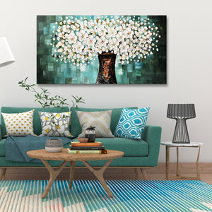 Handmade Oil Painting of White Flower Tree with Teal Background on Stretched Canvas