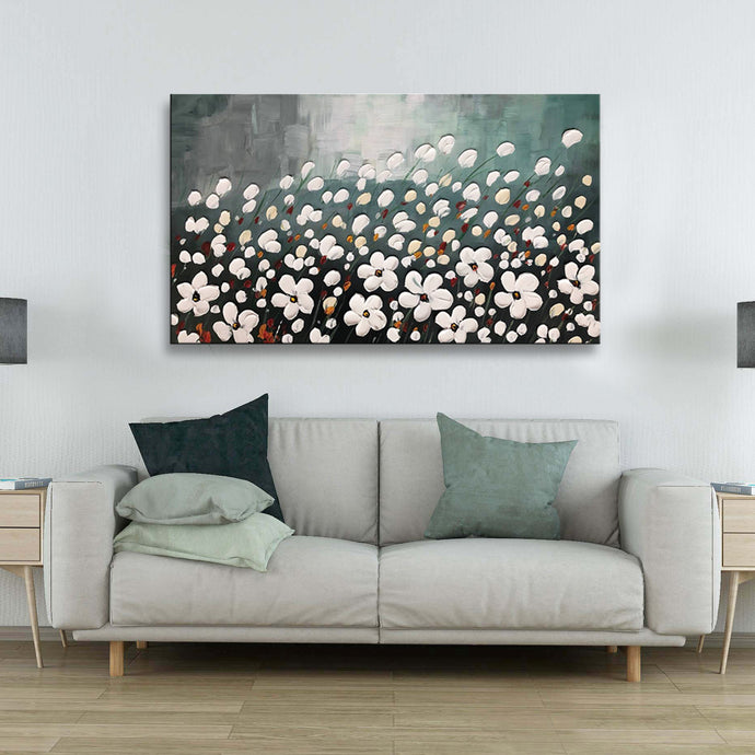 Handmade Oil Painting of White Flower Tree with Grey Background on Stretched Canvas
