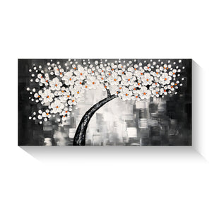Handmade Oil Painting of Blossom Tree in White and Grey background on Canvas
