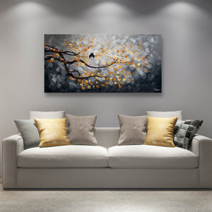 Handmade Oil Painting on Canvas of Two Love Birds on Blossom Tree