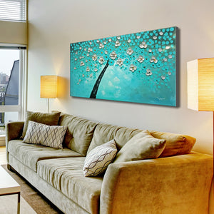 Handmade Oil Painting of Silver and Blue Tree on Stretched Canvas