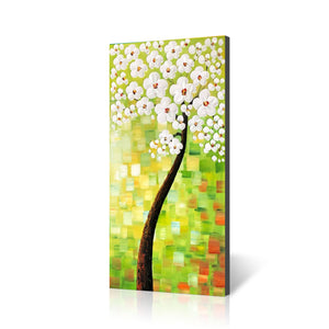 Handmade Oil Painting of Large White Vertical Flower in Light Green Background on Stretched Canvas