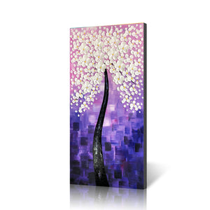 Handmade Oil Painting of Large White Vertical Flower in Purple Background on Stretched Canvas