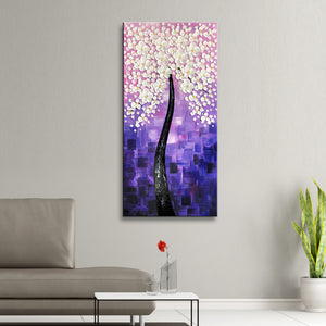 Handmade Oil Painting of Large White Vertical Flower in Purple Background on Stretched Canvas