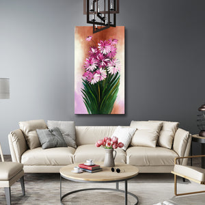 Handmade Oil Painting of Purple Large Vertical Flower on Stretched Canvas