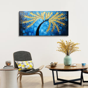 Handmade Oil Painting of Golden Tree with Royal Blue Background on Stretched Canvas