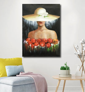 Handmade Oil Painting of Romantic Lady with White Hat on Stretched Canvas
