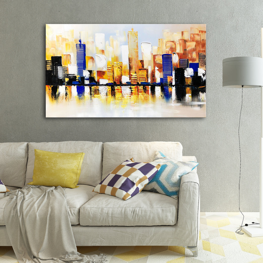 Handmade Oil Painting of Abstract Buildings on Stretched Canvas in Colors