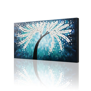 Handmade Oil Painting of White Tree with Green Teal Background on Stretched Canvas