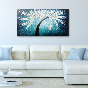 Handmade Oil Painting of White Tree with Green Teal Background on Stretched Canvas