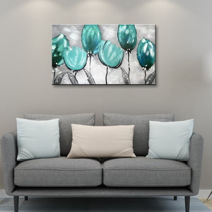 Handmade Oil Painting on Stretched Canvas of Tulip Flowers in Teal