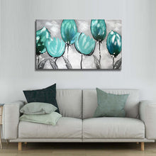 Handmade Oil Painting on Stretched Canvas of Tulip Flowers in Teal