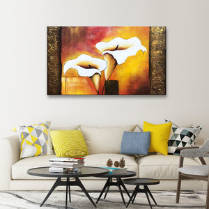 Handmade Oil Painting of Lily Flowers in Golden Background on Stretched Canvas