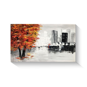 Handmade Oil Painting of Abstract View of Building with Red Tree and Love Couples on Stretched Canvas