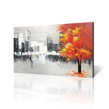 Handmade Oil Painting of Abstract View of Building with Light Red Tree and Love Couples on Stretched Canvas