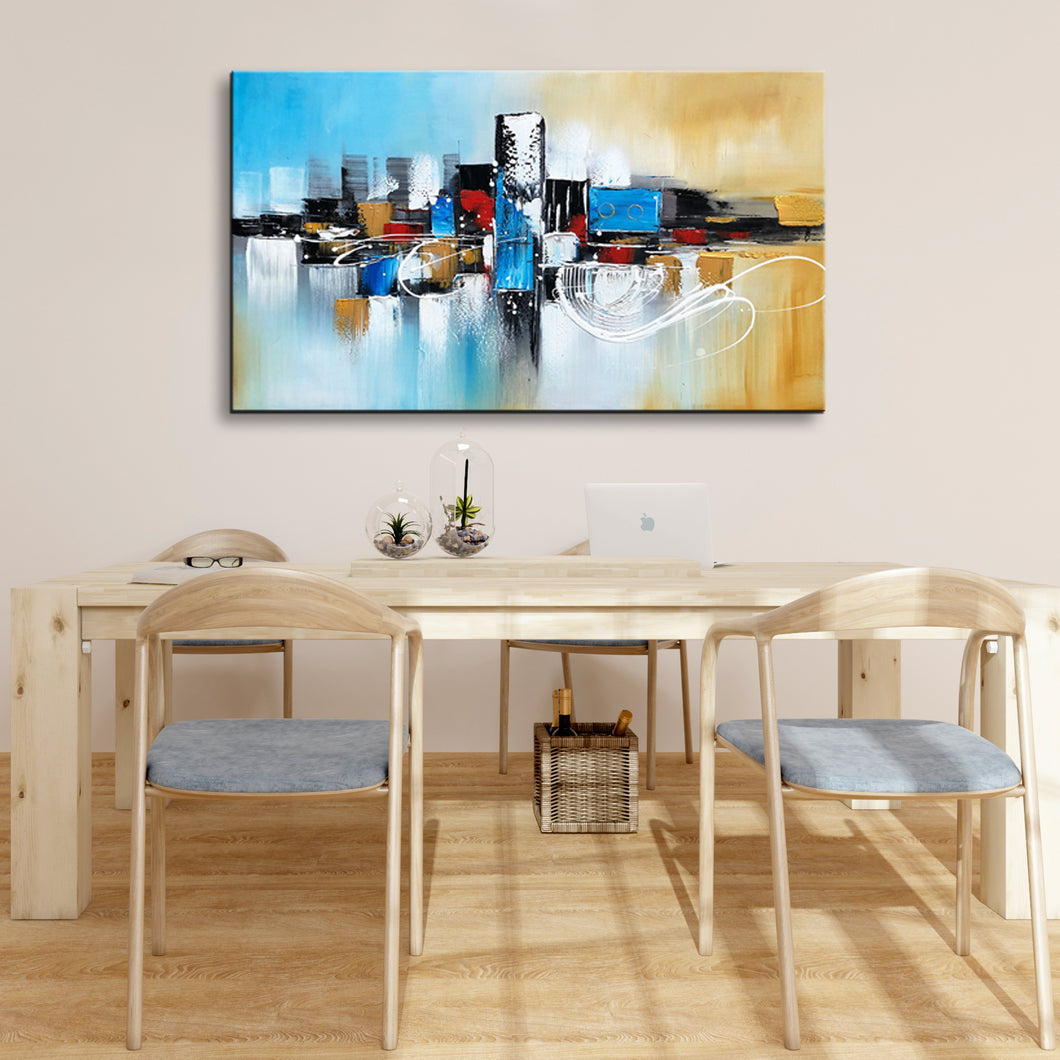 Handmade Oil Painting of Abstract View of Building on Stretched Canvas