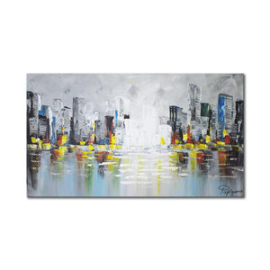 Huge Handmade Abstract Oil Painting of City Skyline on Stretched Canvas