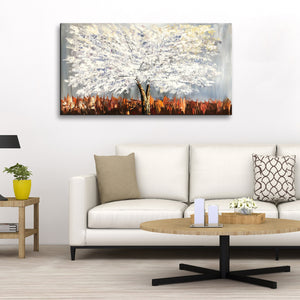Handmade Oil Painting of White Tree on Stretched Canvas