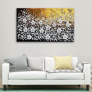 High Quality 100% Handmade Oil Painting on Canvas of textured white flowers with Golden Background