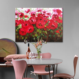 Handmade Oil Painting of Red Flowers on Stretched Canvas