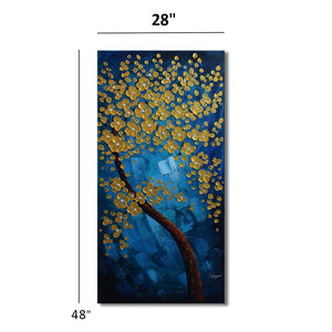 Handmade Oil Painting of Golden Tree with Blue Background on Stretched Canvas