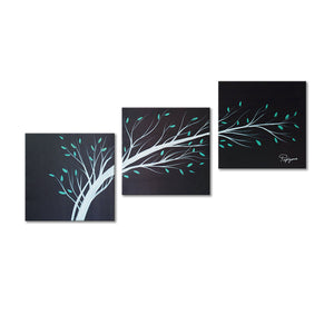 Handmade Oil Painting  of Teal Leaves on Stretched Canvas in Group