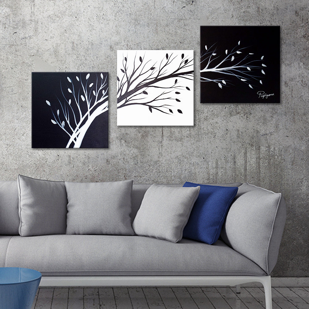 Handmade Oil White & Black Painting on Stretched Canvas in Group
