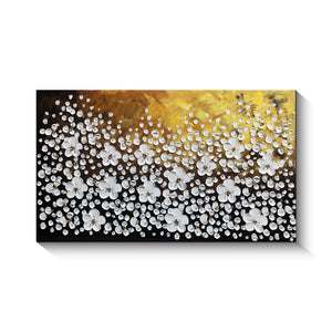 High Quality 100% Handmade Oil Painting on Canvas of textured white flowers with Golden Background