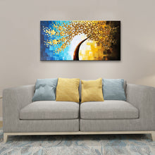 Handmade Oil Painting of Golden Flower with Mixed Blue & Gold Color Background Landscape View on Canvas