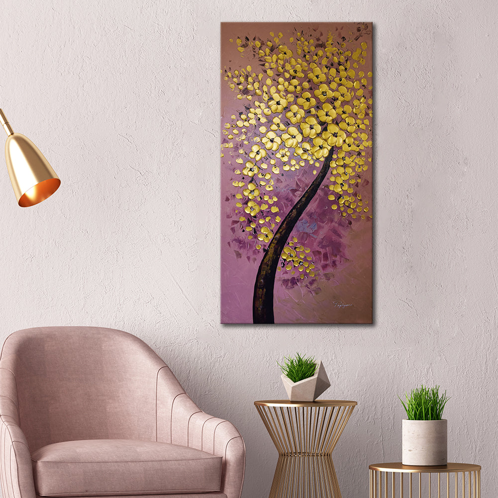 Handmade Oil Painting on Stretched Canvas of a Tree in Golden Flowers