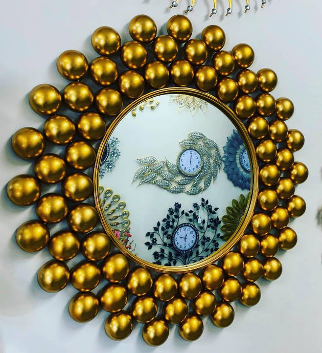 Handcrafted Modern Decorated Round Wall Metal Mirror in Rich Gold